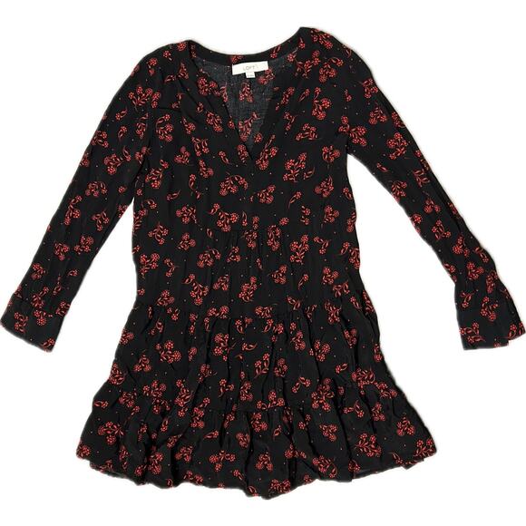 Ann Taylor LOFT Black Red Floral Goth Printed Women's A-Line Viscose Dress Sz XS - Picture 1 of 7